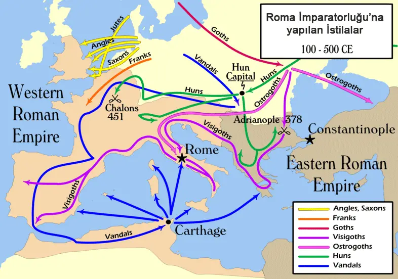 

Roma İmparatorluğuna yapılan göçleri (saldırılar) gösteren Kavimler Göçü haritası