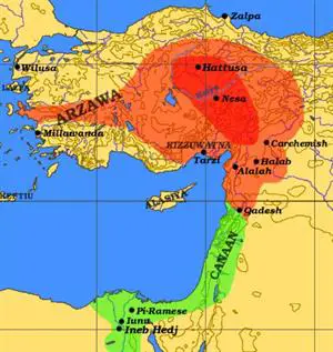 </p><p>M.Ö. 1290 gücünün doruğundaki Hititler (kırmızı) ve Mısır İmparatorluğu (yeşil)