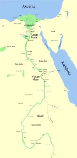 

Nil nehrini, nehir üzerindeki beş şelaleyi ve Hanedanlık döneminin (M.Ö. 3150 - M.Ö. 30) büyük şehir ve bölgelerini gösteren Antik Mısır haritası.