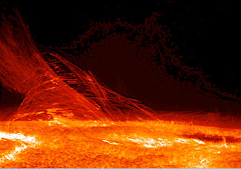 Hinode'un Güneş Optik Teleskobuyla 12 Ocak 2007 tarihinde çekilen bu Güneş görselinde değişik manyetik polariteye sahip olan bölgeleri bağlayan plazmanın ipliksi yapısı görünmektedir.