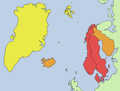 

İskandinav ülkeleri; kırmızı ile işaretli ülkler asıl İskandinavya, turuncu ve sarı da kısmen İskandinav ülkelerinden sayılırlar